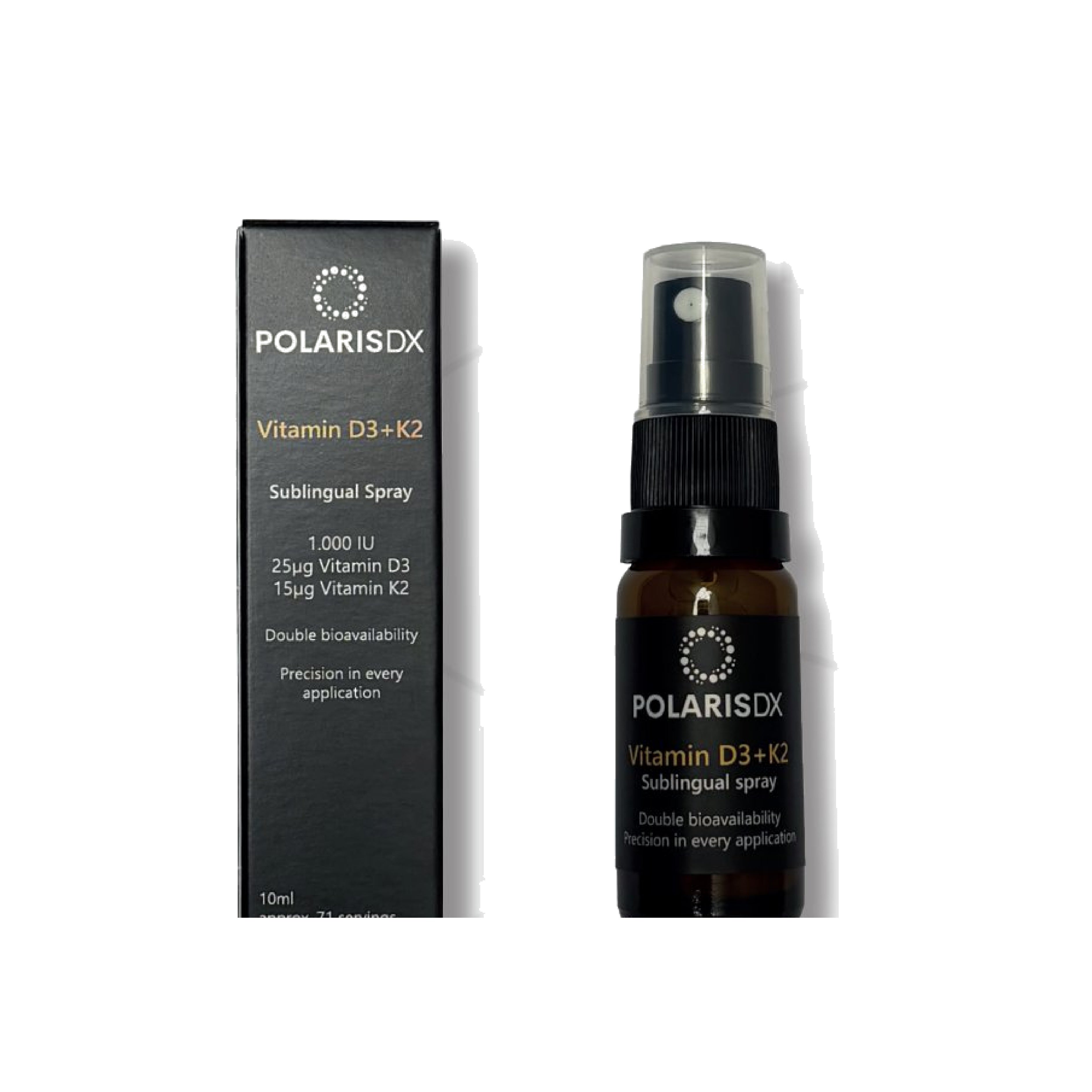 PolarisDX Vitamin D3+K2 Sublingualspray, Flasche und Faltschachtel