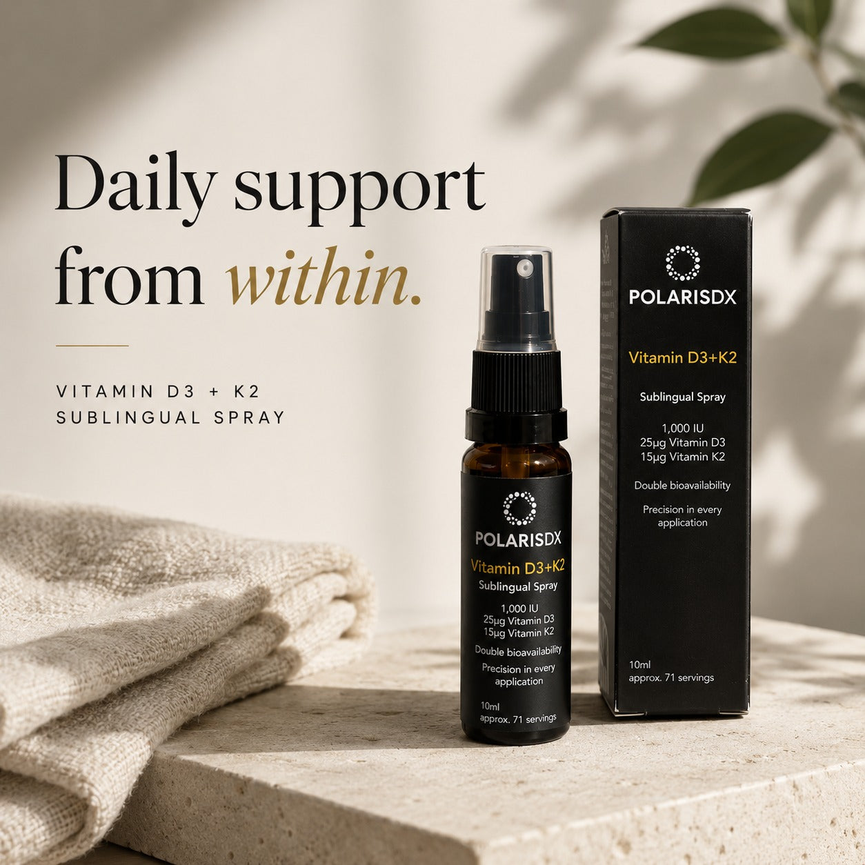 PolarisDX Vitamin D3+K2 Spray — Flasche und Packung